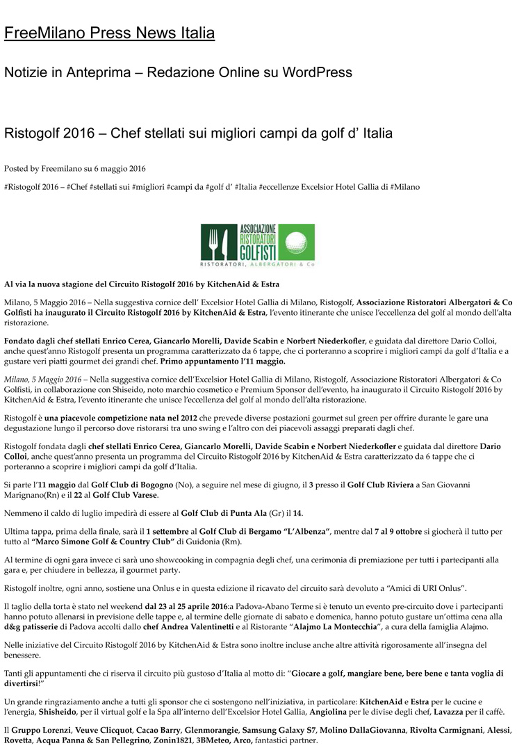 Ristogolf 2016 – Chef stellati sui migliori campi da golf d’Italia
